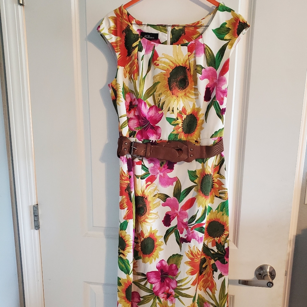 AGB summer sleeveless shift dress with belt. Size 6. Pink, yellow, green, orange
